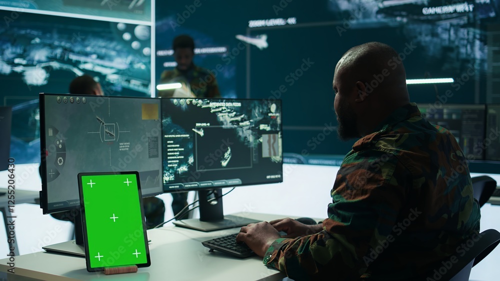 Poster soldier gathering real time surveillance data next to mockup display in high tech command center, pr