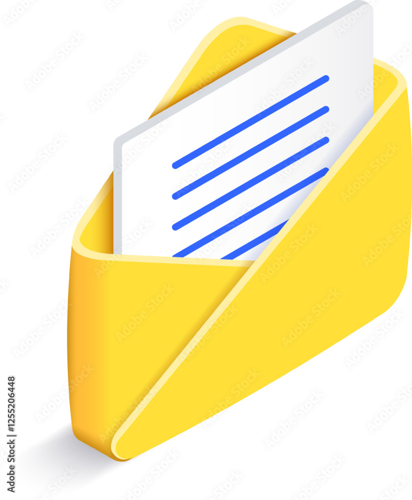 Poster yellow open isometric envelope containing letter with blue lines is sending a message, representing 