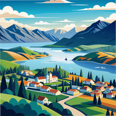 Beautiful top view land scape of lake wanaka town in cloudy day spring season