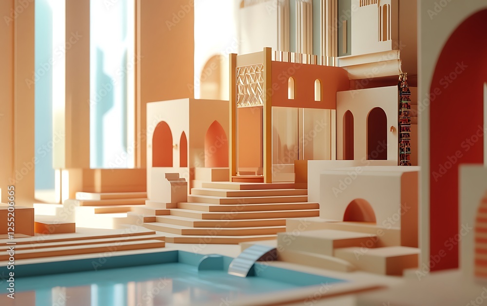 Aufkleber abstract architectural scene, sunlight on beige and orange structures, pool in the foreground. stock