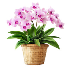 Vibrant Pink Orchid Blossoms in Elegant Woven Basket Planter – Perfect for Interior Design and Home Decor