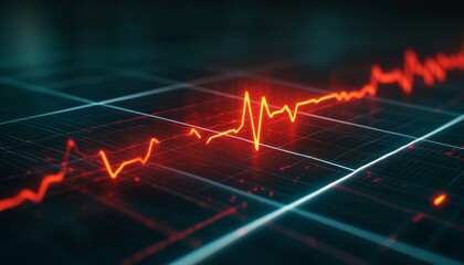 Heart Rate Monitor Display, Sharp Lines, Bold Red Waveform, Grid Background, Technology, Medical