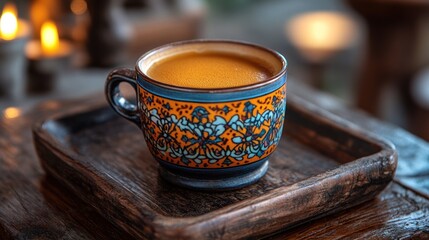 Ornate ceramic coffee cup on wooden tray, warm lighting.