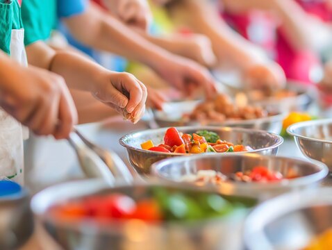 Children prepare fresh salad together in bowls at cooking class