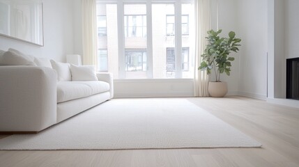 Fototapeta premium Bright minimalist living room interior with a white sofa, large window, and potted plant in daytime.