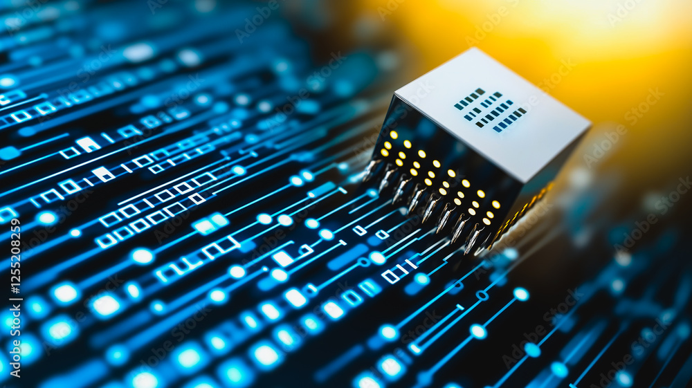 Poster microchip on circuit board: a close-up shot of a modern microchip, meticulously placed on a complex 