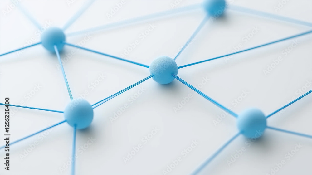 Poster interconnectedness: an abstract image with a network of blue spheres connected by strings, creating 