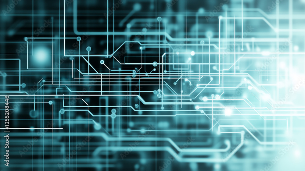 Poster digital circuitry abstract: an abstract close-up image depicting a complex network of glowing teal a