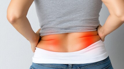 A woman stands against a gray backdrop, visibly suffering from back pain, with the affected area highlighted in red for emphasis