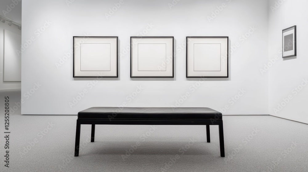 Poster art gallery interior featuring minimalistic design with an empty black bench and three blank frames 
