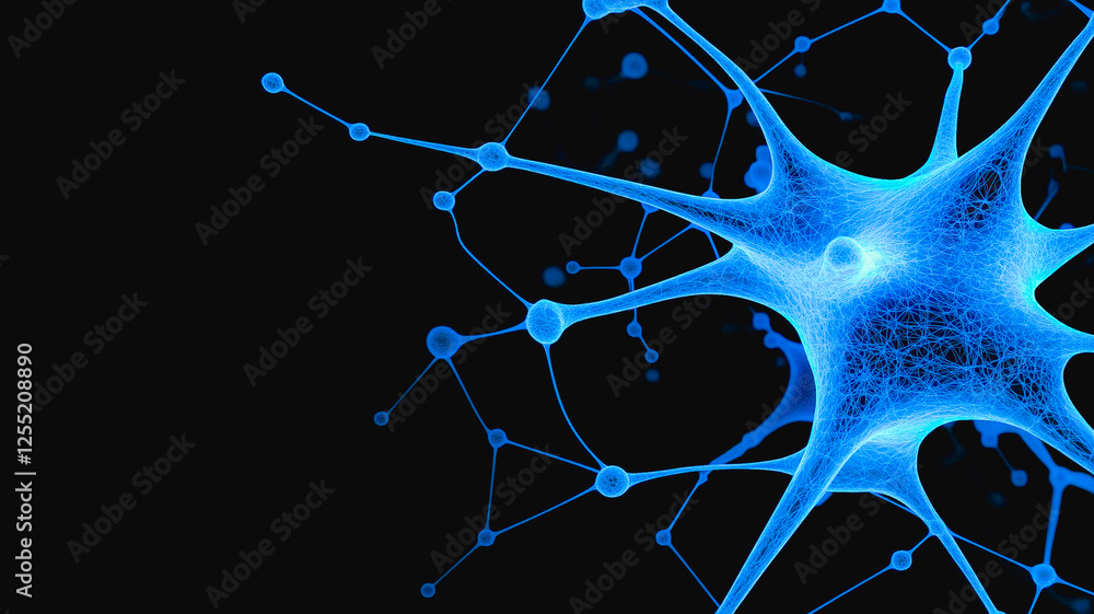 Poster neural network: a mesmerizing depiction of a vibrant blue neuron, radiating a complex network of con