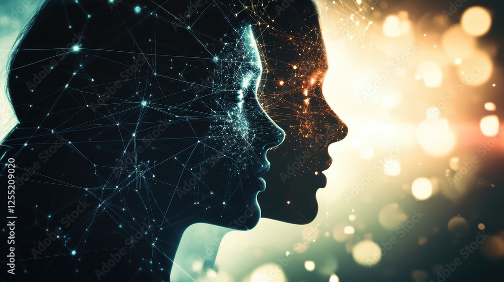 Poster artificial intelligence and human connection concept represented by silhouettes with digital network
