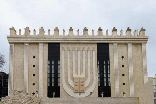 Exterior view and details of the Belz Great Synagogue complex modeled after the Jewish Temple in Jerusalem, Israel.
