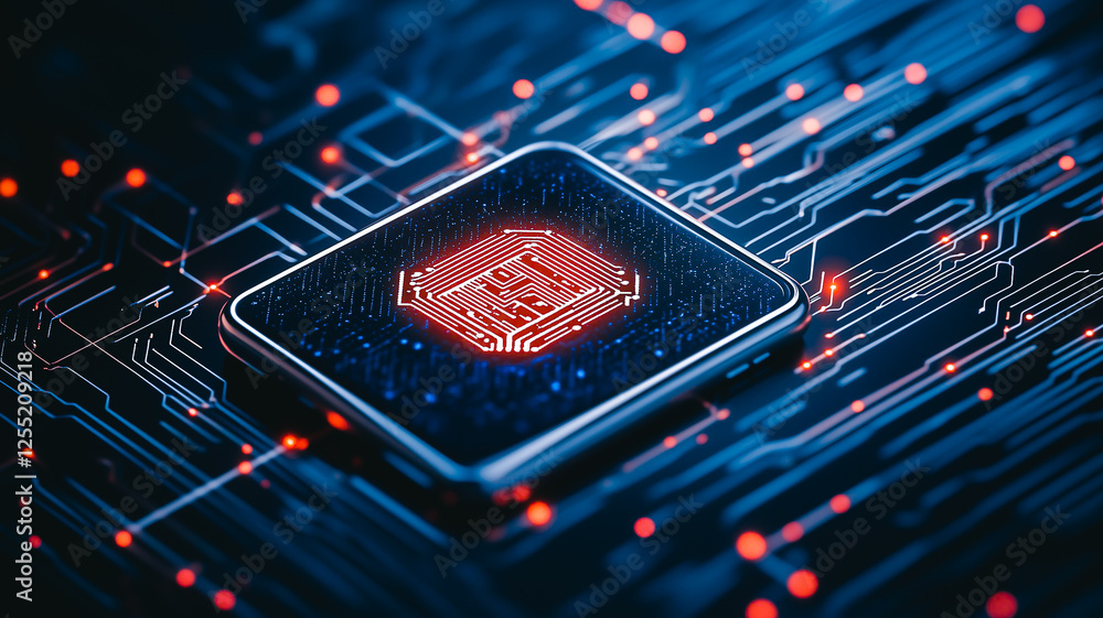 Poster central processing unit: a close-up, high-detail render of a cpu chip on a circuit board, showcasing