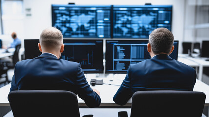Global Network Monitoring: Two cybersecurity professionals work intently at their workstations, their backs turned to the camera, with large monitors displaying maps and data.