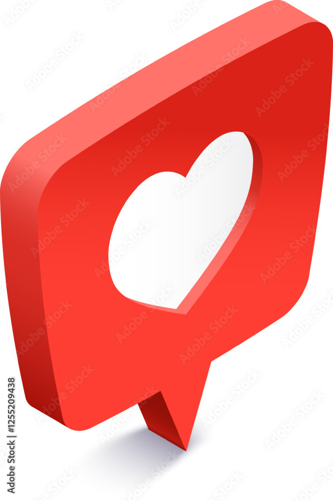 Poster 3d rendering of a red speech bubble with a white heart representing a like notification on a social 