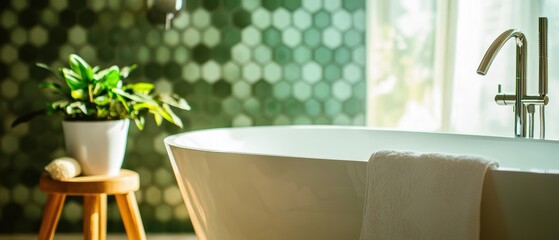 Bathroom design featuring modern freestanding tub, green hexagonal tiles, stylish faucet, and potted plant for luxurious home relaxation and spa atmosphere.