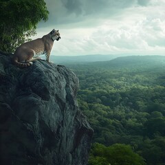 A puma perched on a rocky outcrop, looking over the vast green jungle below.
