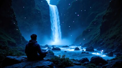 A man is sitting in a forest near a waterfall, meditating