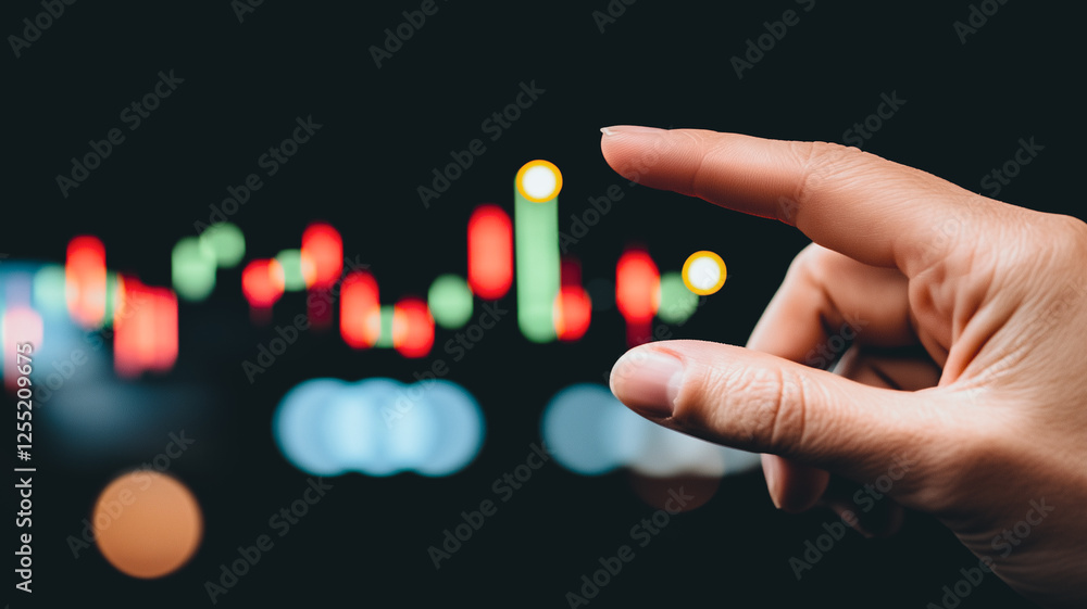 Poster market trends in focus: a hand points out a key data point on a blurred screen displaying a dynamic 