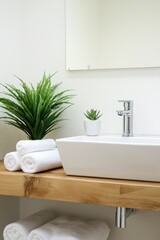 Fototapeta premium Bathroom interior with modern design featuring a minimalist sink, towels, and plants for a refreshing and clean aesthetic in home dÃ©cor. Stylish and functional space.