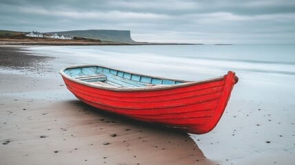 Naklejka premium A weathered red rowboat sits on a sandy beach, facing the ocean under a cloudy sky.