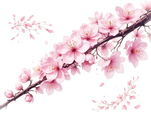 Fototapeta premium Delicate Pink Cherry Blossom Branch: A Romantic Watercolor Painting