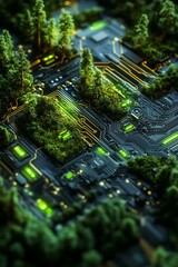 A futuristic concept of technology and nature merging, featuring green trees growing on a glowing circuit board.