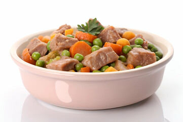 healthy dog food Delicious beef stew with carrots, peas, and potatoes served in a light pink bowl, showcasing a hearty and colorful meal.