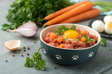 Fototapeta na wymiar healthy dog food Fresh raw pet food in a bowl with a raw egg on top, surrounded by carrots, herbs, and spices, highlighting healthy ingredients for pets.