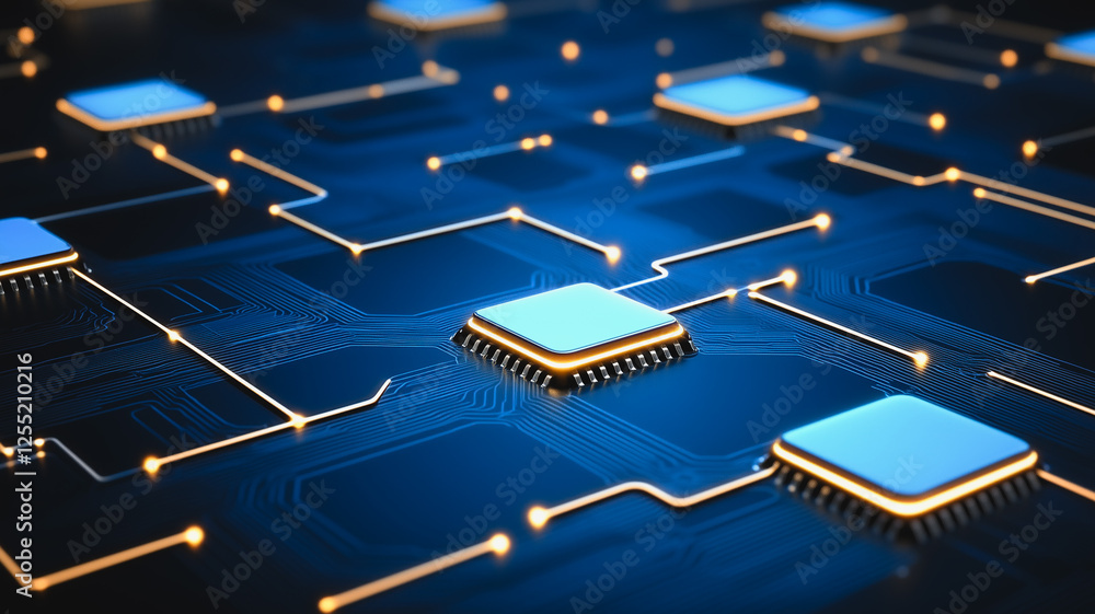 Poster microchip network: close-up view of a complex network of microchips and circuitry, glowing with a su