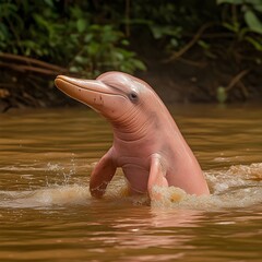 Fototapeta premium A rare pink river dolphin emerging from the muddy Amazon waters.