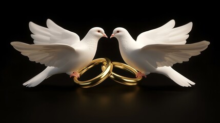 Two white doves with open wings stand on golden wedding rings, symbolizing love, unity, and marriage against a dark background.