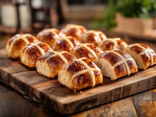 Freshly Baked Hot Cross Buns on a Wooden Board for Easter Holiday