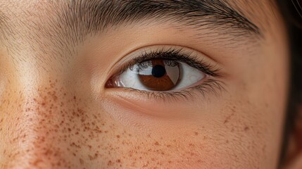 Fototapeta premium Boys eye with freckles showcasing natural beauty, close-up of youth, innocence, and diversity, reflection in iris highlighting human emotions and uniqueness.