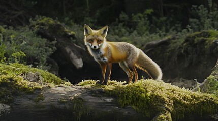 Obraz premium A red fox standing on a moss-covered log, its fur glowing in the morning light.