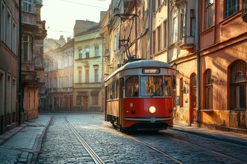 Fototapeta premium Retro red tram in an old European street with historical architecture