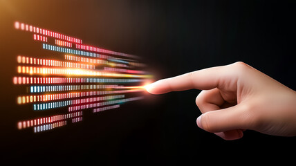 Digital Touch: A fingertip gently touches a stream of vibrant digital data, symbolizing connection, innovation, and the power of technology in a dark background. 