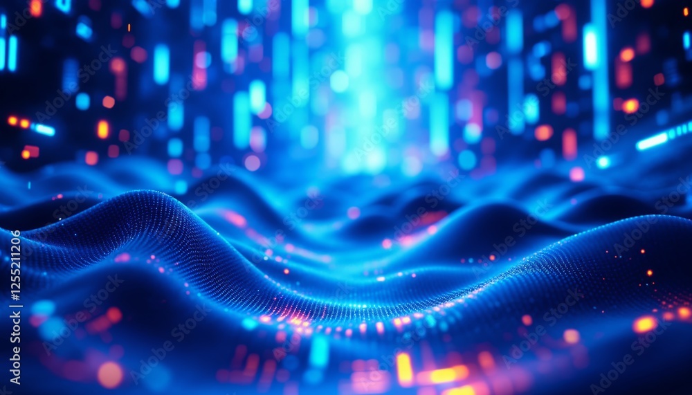 Poster ethereal data stream flowing across a digital wavy landscape with a futuristic design