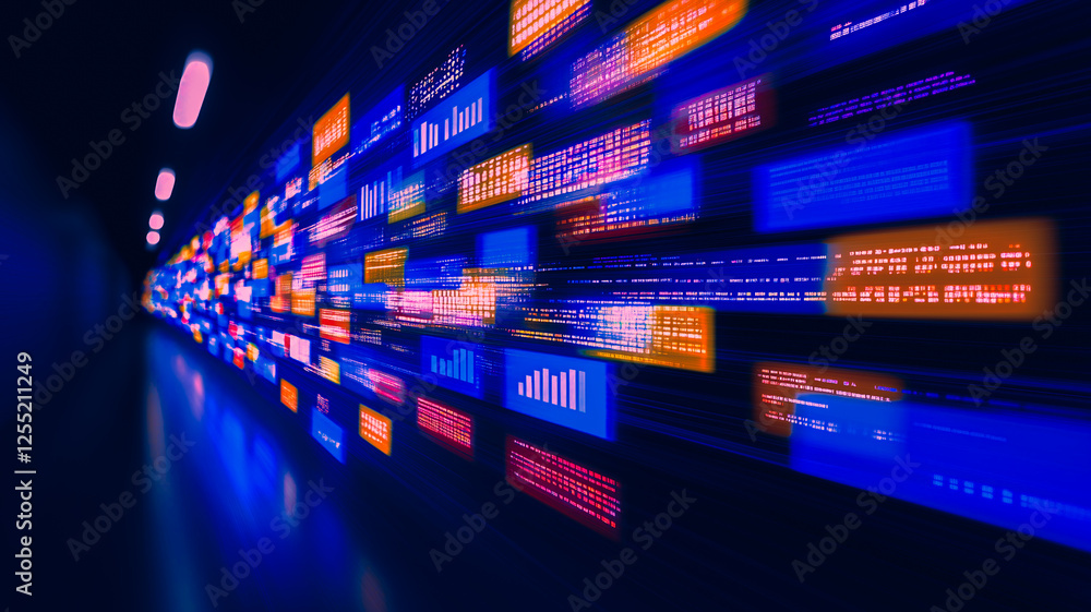 Poster digital data stream: a mesmerizing tunnel of vibrant, colorful data streams and code fragments illum
