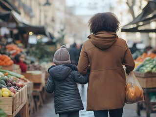 African American woman and child walk through a vibrant farmers market