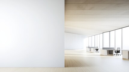 Bright and modern office interior with minimalistic design, large windows, open workspace, and wooden accents ideal for business meetings and creative discussions.