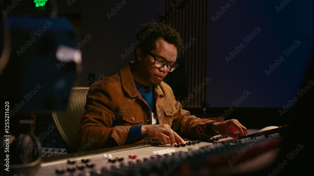 Poster Music producer using audio mixer in professional studio, adjusting volume levels while pressing buttons and sliders on control desk. Sound designer works with digital audio software. Camera A.