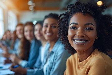 Title: Diverse Group of Businesspeople Smiling as Businesswoman Leads Presentation at Meeting