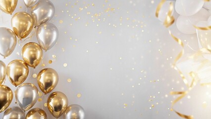 Festive background with gold balloons and scattered golden confetti. Premium background for a festive birthday celebration.
