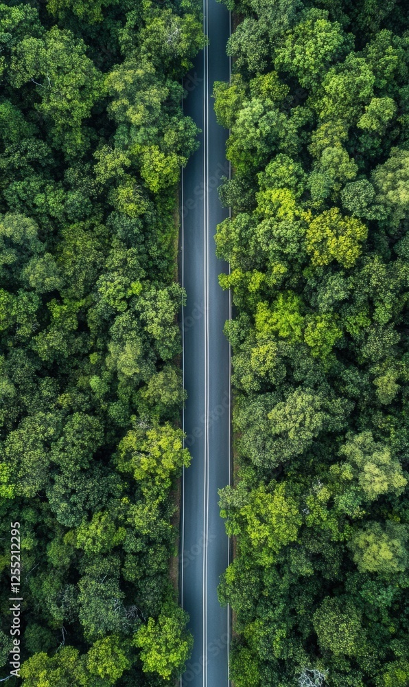 Aufkleber straight road leads through dense forest creating a serene and peaceful atmosphere for travelers see