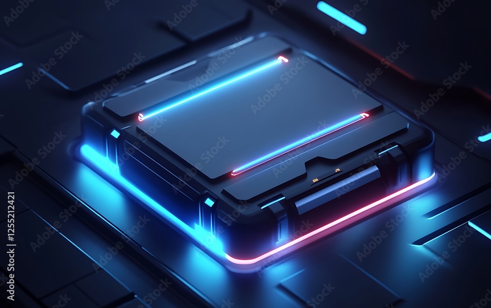 Poster futuristic square tech case glowing with neon light