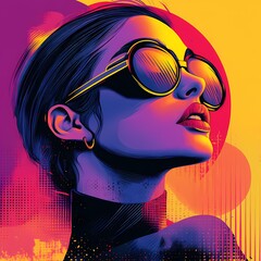 Stylish neon portrait of a woman in futuristic sunglasses