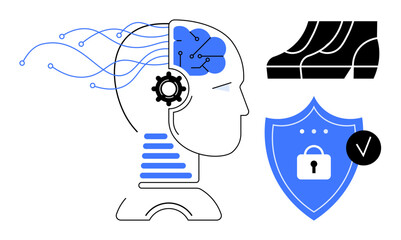 Human head with AI brain and circuits, shield with lock symbol, and shoes. Ideal for technology, artificial intelligence, security, innovation, smart devices, future trends conceptual thinking