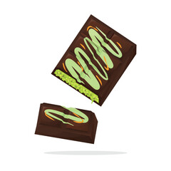 Dubai Chocolate milk bar with pistachio paste and crispy toasted knafeh filling illustration art in cartoon 2d style with simple shape